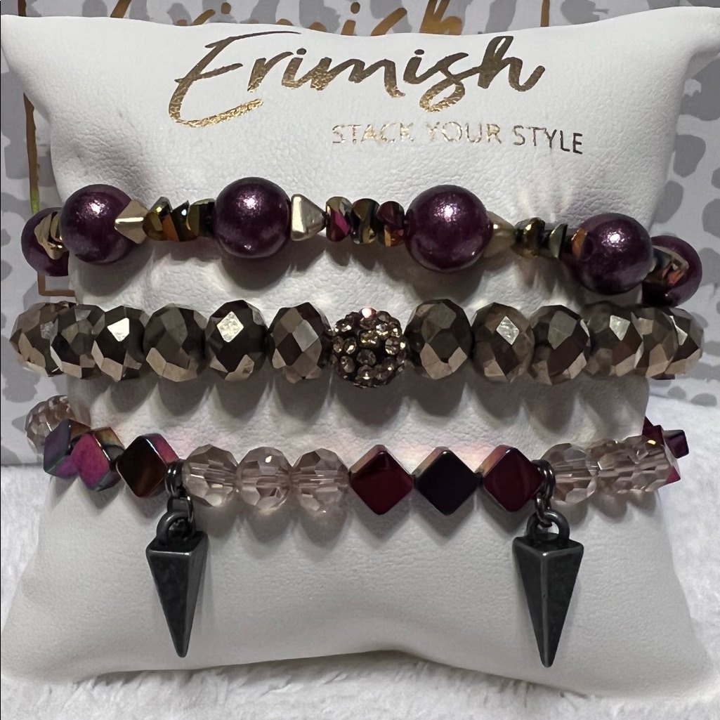 Brand New Erimish Bracelets 3 Pc Stack - Burgundy & Gold